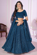 Teal Georgette Lehenga Choli For Indian & Pakistani Wedding Festival - Sequins & Thread Embroidery Work