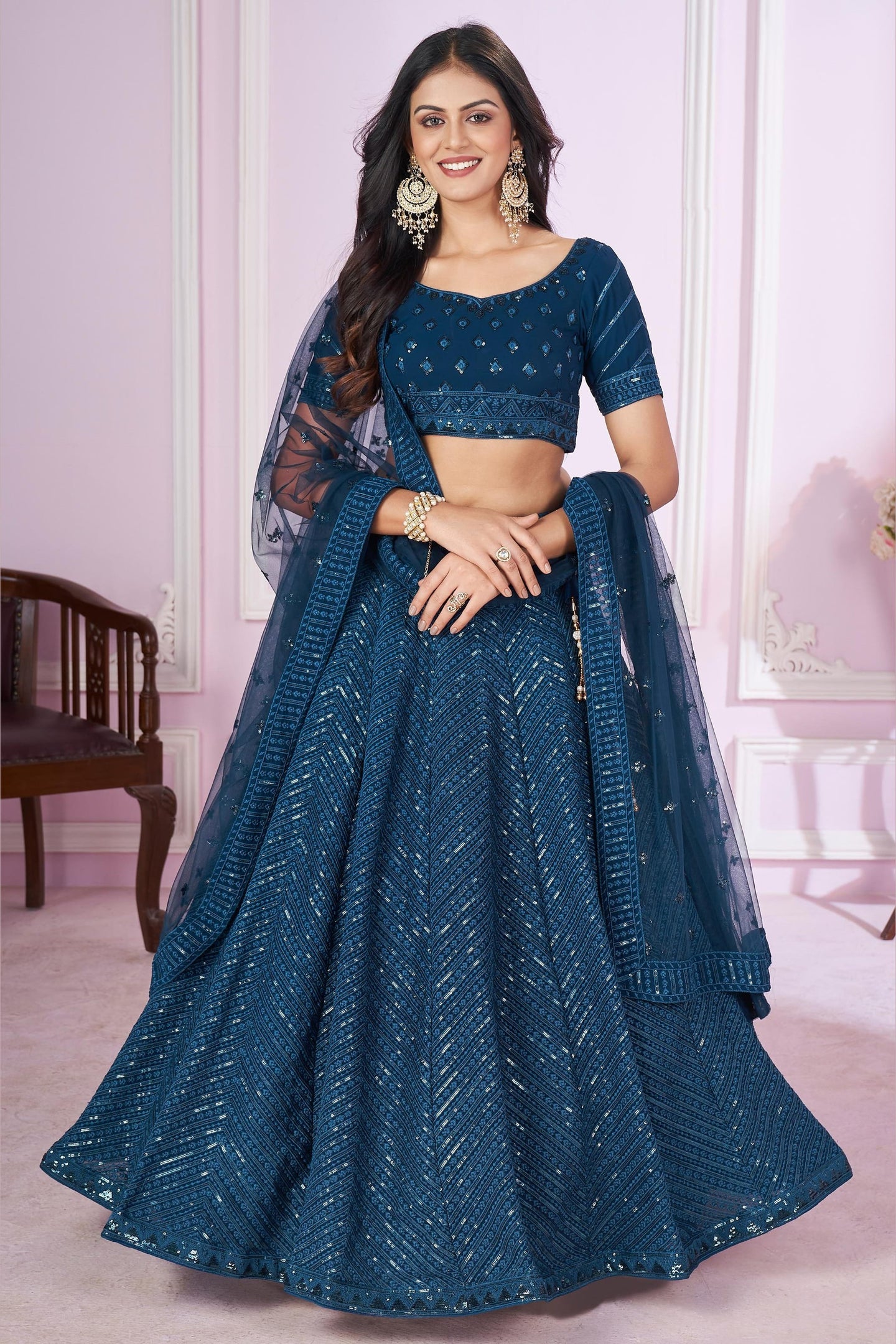 Teal Georgette Lehenga Choli For Indian & Pakistani Wedding Festival - Sequins & Thread Embroidery Work