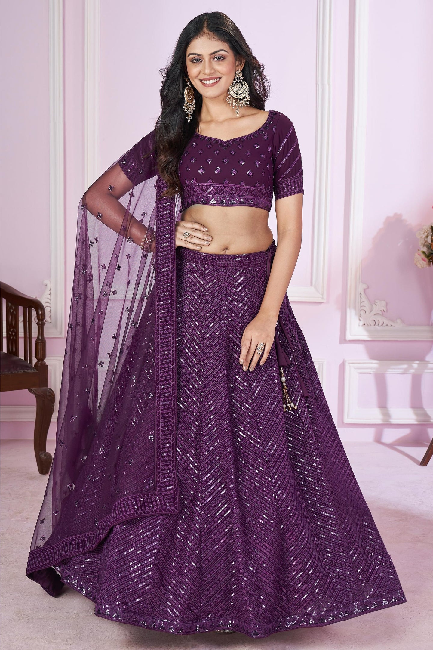 Purple Georgette Lehenga Choli For Indian & Pakistani Wedding Festival - Sequins & Thread Embroidery Work