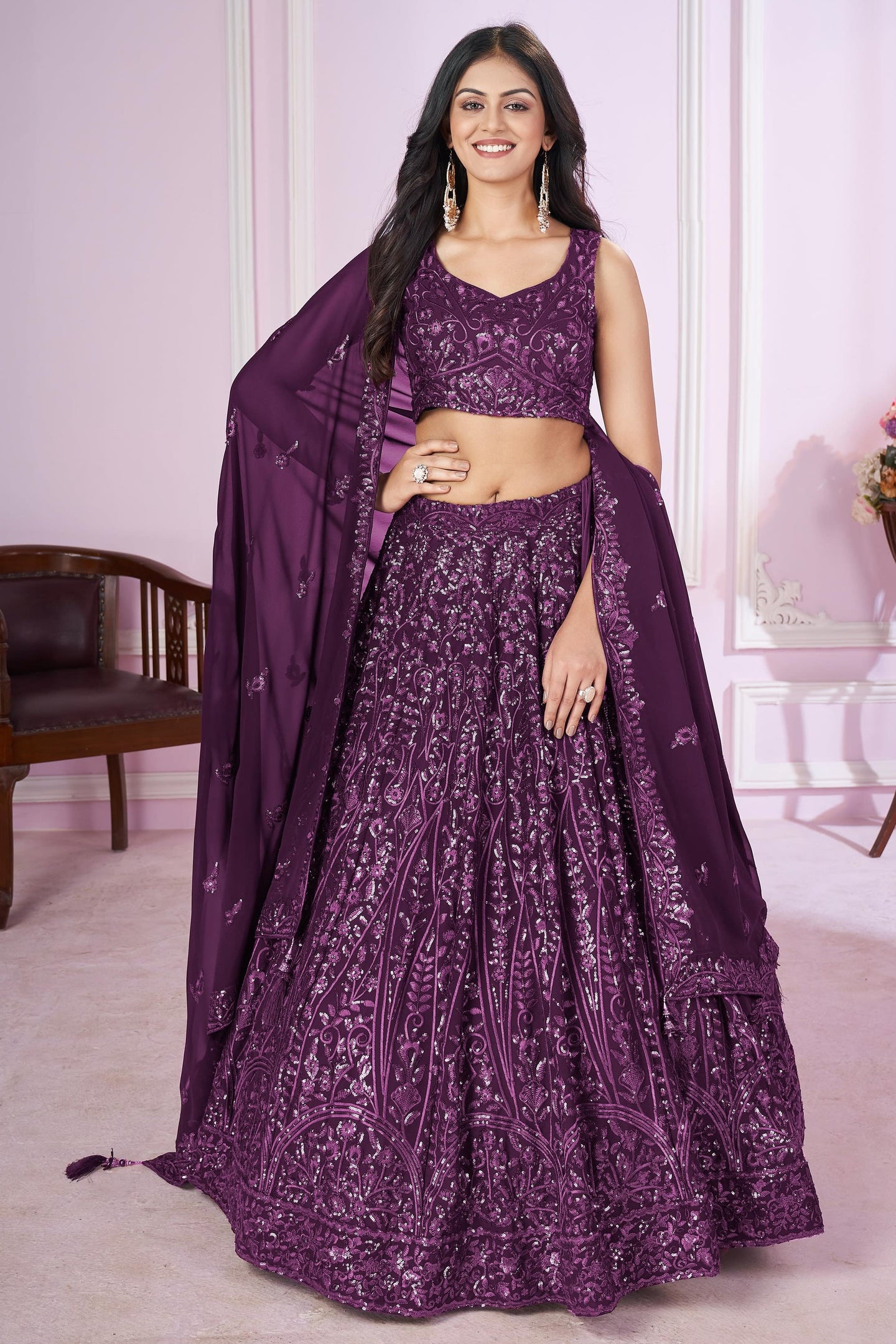 Purple Georgette Lehenga Choli For Indian & Pakistani Wedding Festival - Sequins & Thread Embroidery Work
