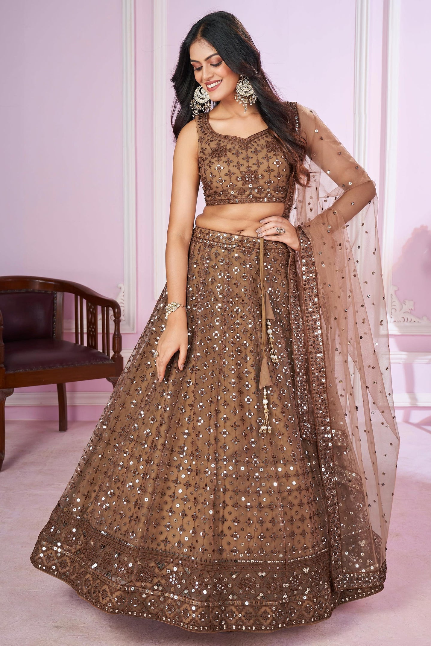 Brown Net Lehenga Choli For Indian & Pakistani Wedding Festival - Sequins & Thread Embroidery Work