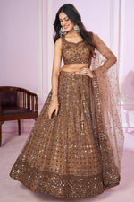 Brown Net Lehenga Choli For Indian & Pakistani Wedding Festival - Sequins & Thread Embroidery Work