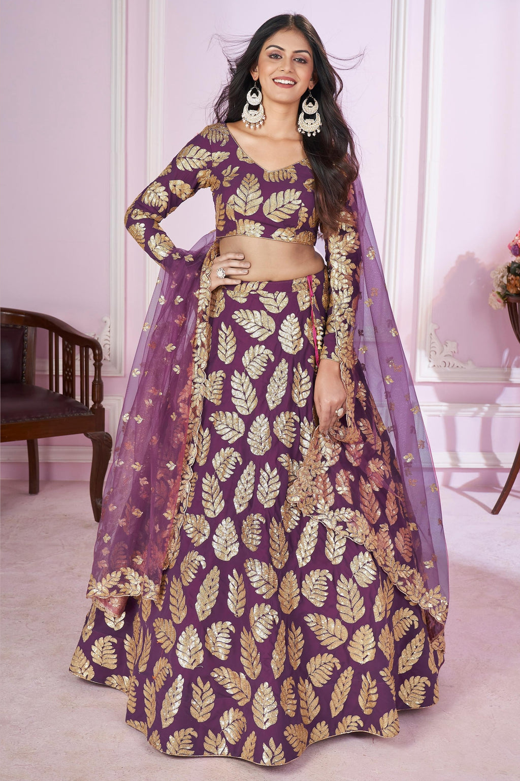 Purple Georgette Lehenga Choli For Indian & Pakistani Wedding Festival - Sequins & Thread Embroidery Work, Zari Work