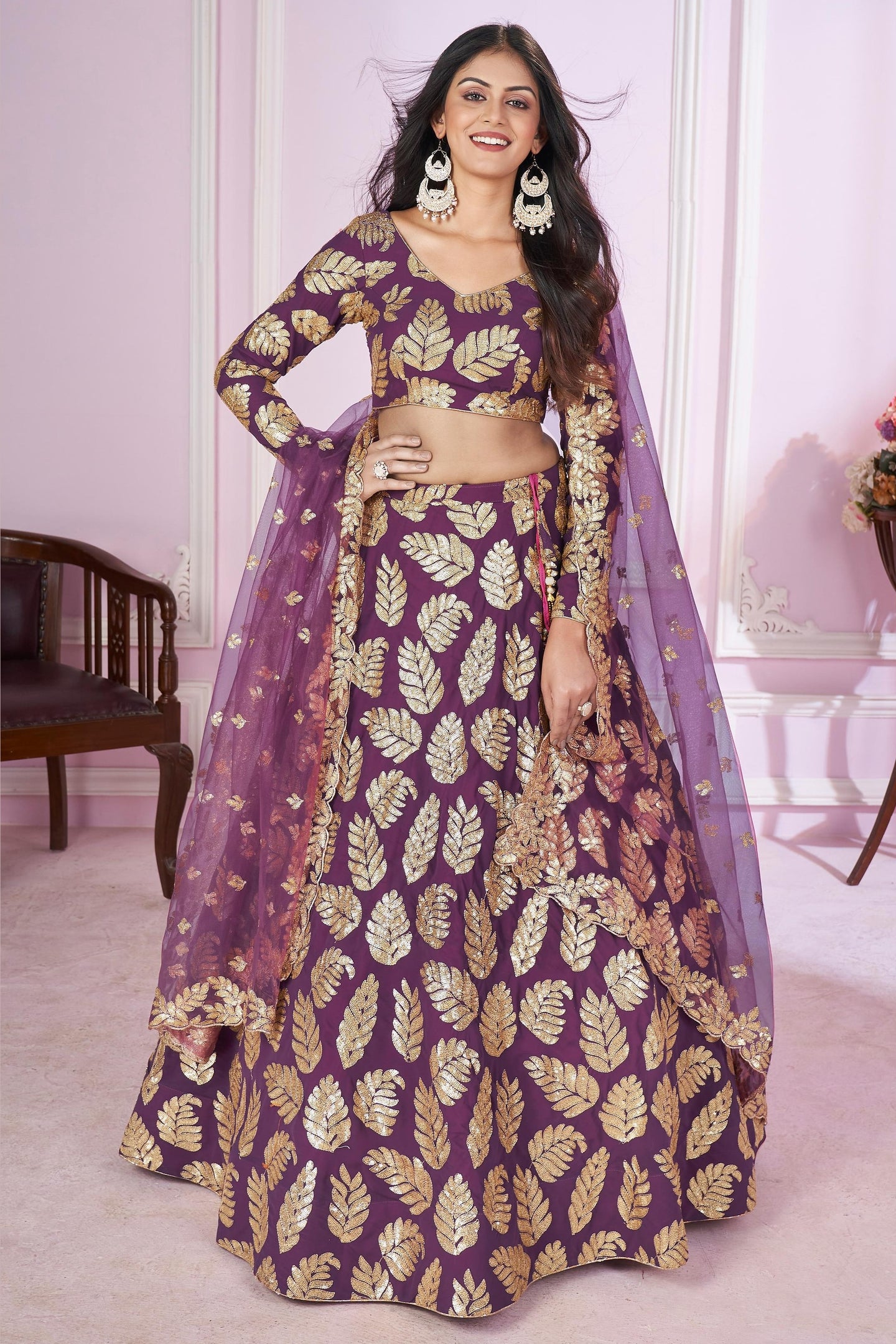 Purple Georgette Lehenga Choli For Indian & Pakistani Wedding Festival - Sequins & Thread Embroidery Work, Zari Work