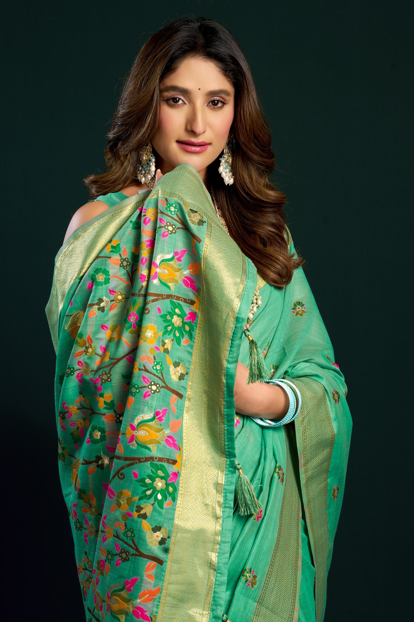 Green Silk Cotton Meenakari Work Saree with Stitched Blouse & Petticoat