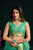 Green Silk Cotton Meenakari Work Saree with Stitched Blouse & Petticoat