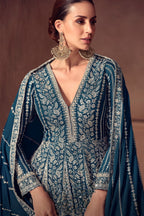 Teal Chinon Silk Anarkali Suit For Indian & Pakistani Wedding Festival - Thread & Sequence Embroidery Work