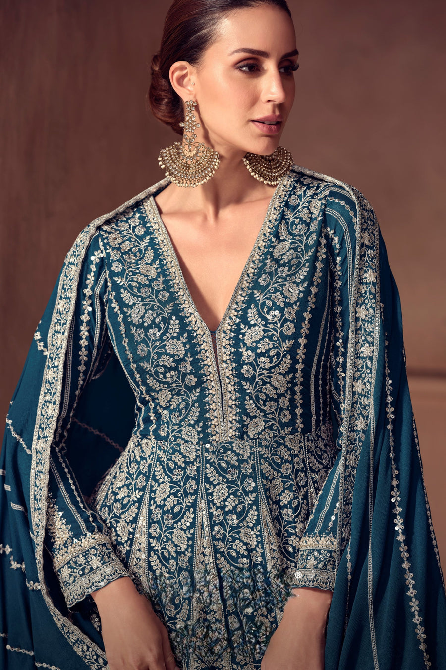 Teal Chinon Silk Anarkali Suit For Indian & Pakistani Wedding Festival - Thread & Sequence Embroidery Work