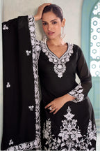 Black Chinon Silk Palazzo Suit For Indian & Pakistani Wedding Festival - Thread & Sequins Embroidery Work