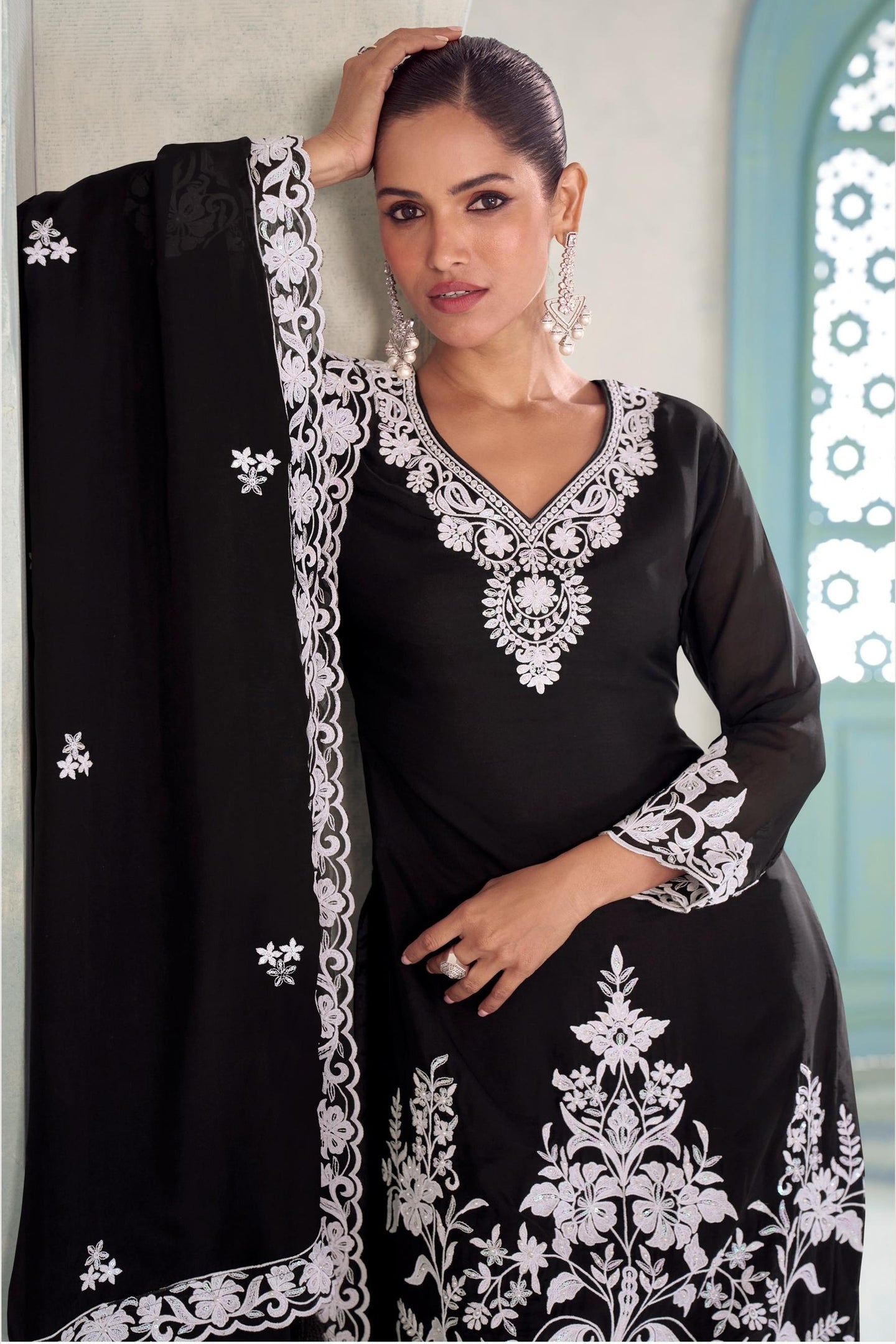 Black Chinon Silk Palazzo Suit For Indian & Pakistani Wedding Festival - Thread & Sequins Embroidery Work