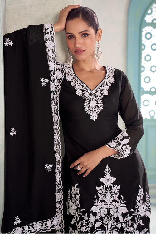 Black Chinon Silk Palazzo Suit For Indian & Pakistani Wedding Festival - Thread & Sequins Embroidery Work