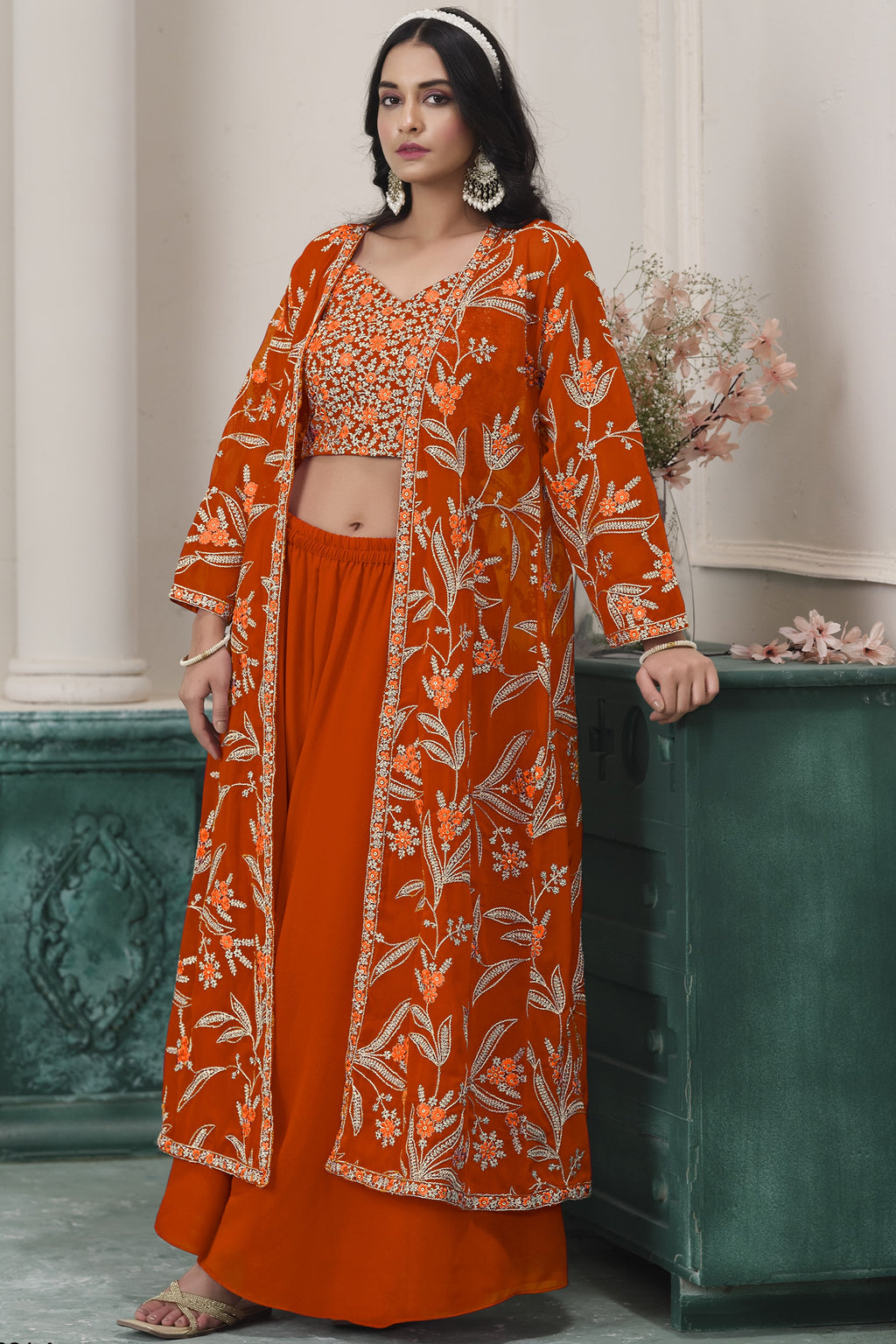 Orange Georgette Palazzo with Choli & Jacket For Wedding & Indian Festival - Embroidery Work