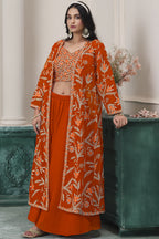 Orange Georgette Palazzo with Choli & Jacket For Wedding & Indian Festival - Embroidery Work
