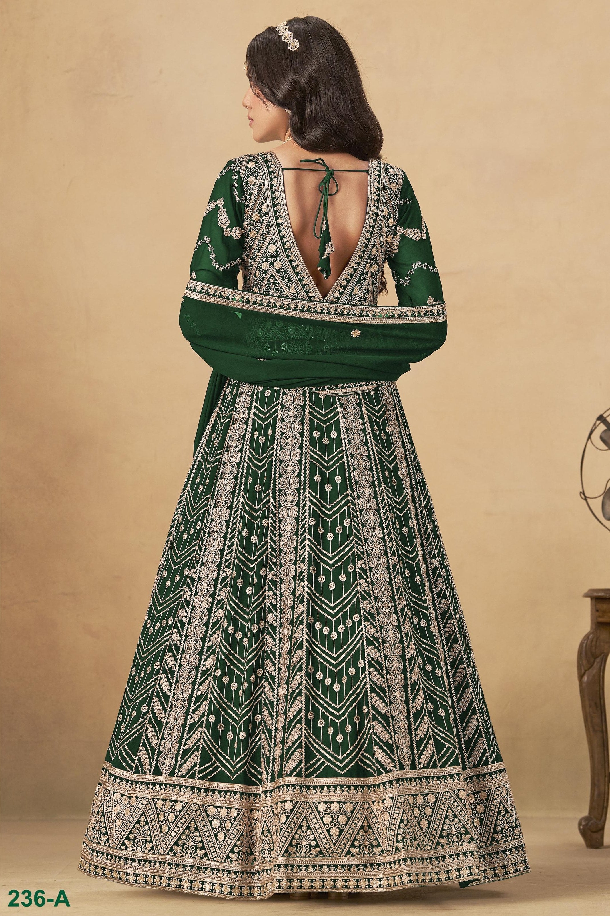Green Georgette Anarkali Suit For Indian & Pakistani Wedding Festival - Thread & Sequins Embroidery Work