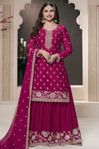 Dark Pink Chinon Silk Sharara Kameez Suit for Pakistani & Indian Festival - Embroidery Work