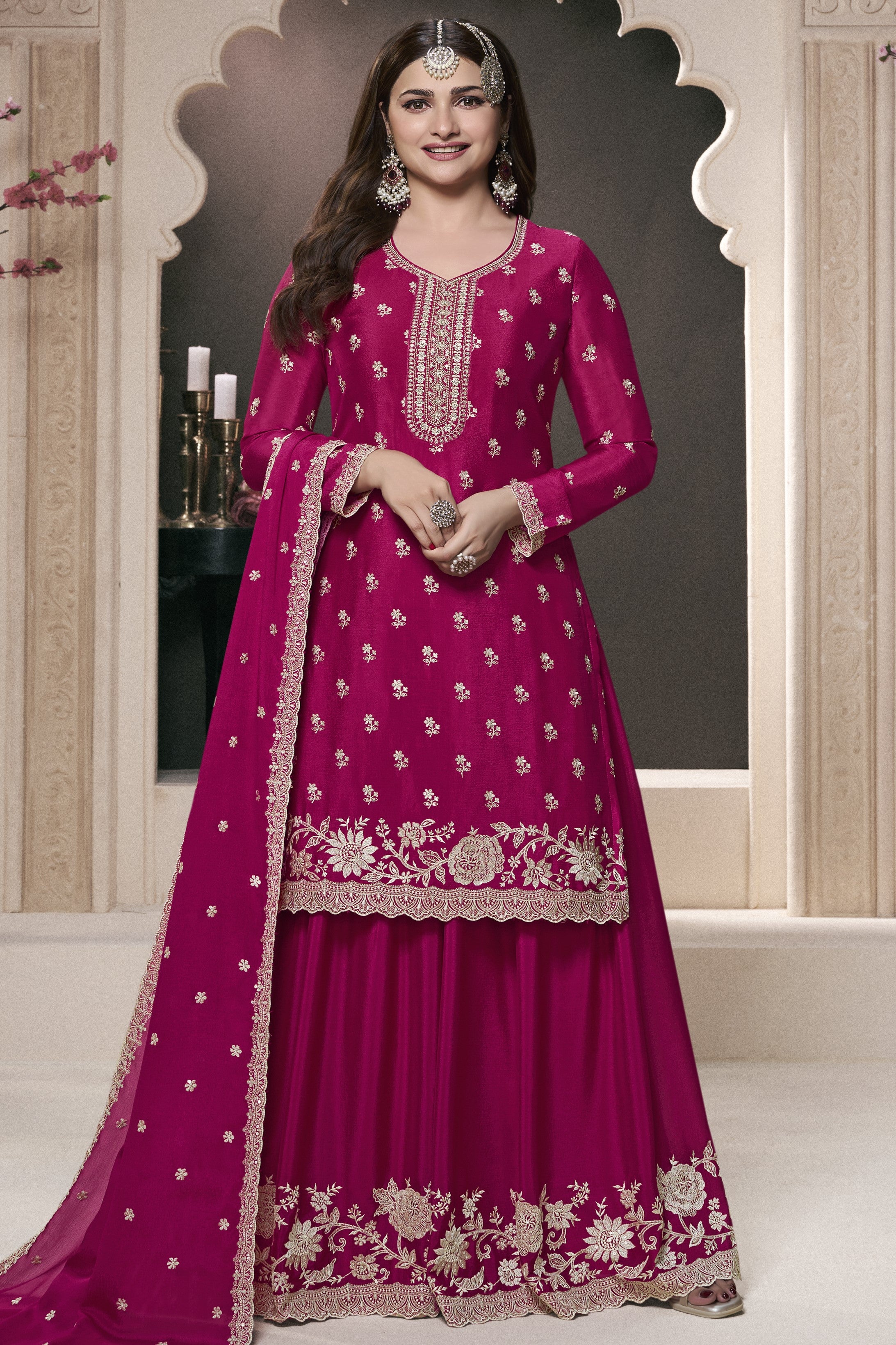Dark Pink Chinon Silk Sharara Kameez Suit for Pakistani & Indian Festival - Embroidery Work