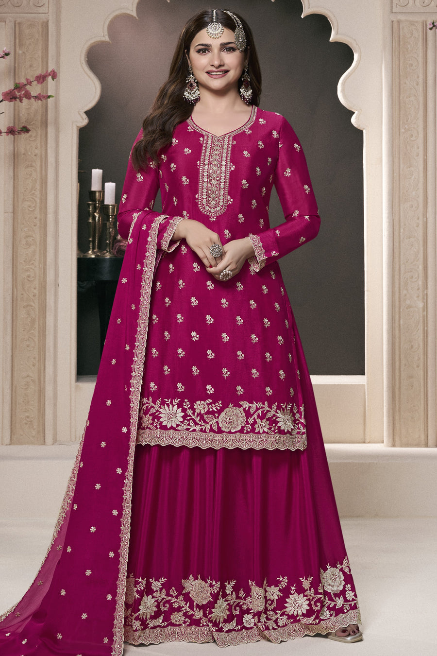 Dark Pink Chinon Silk Sharara Kameez Suit for Pakistani & Indian Festival - Embroidery Work