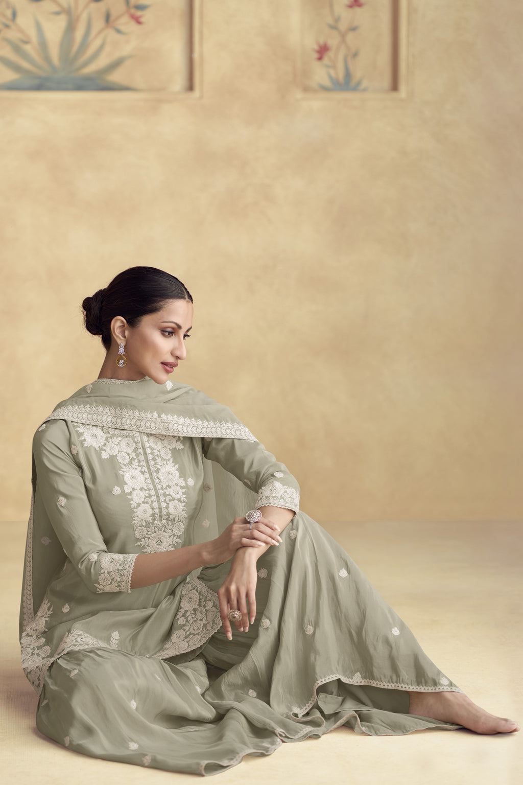 Grey Simar Silk Sharara Suit Dress For Indian Festivals & Pakistani Weddings - Thread Embroidery Work