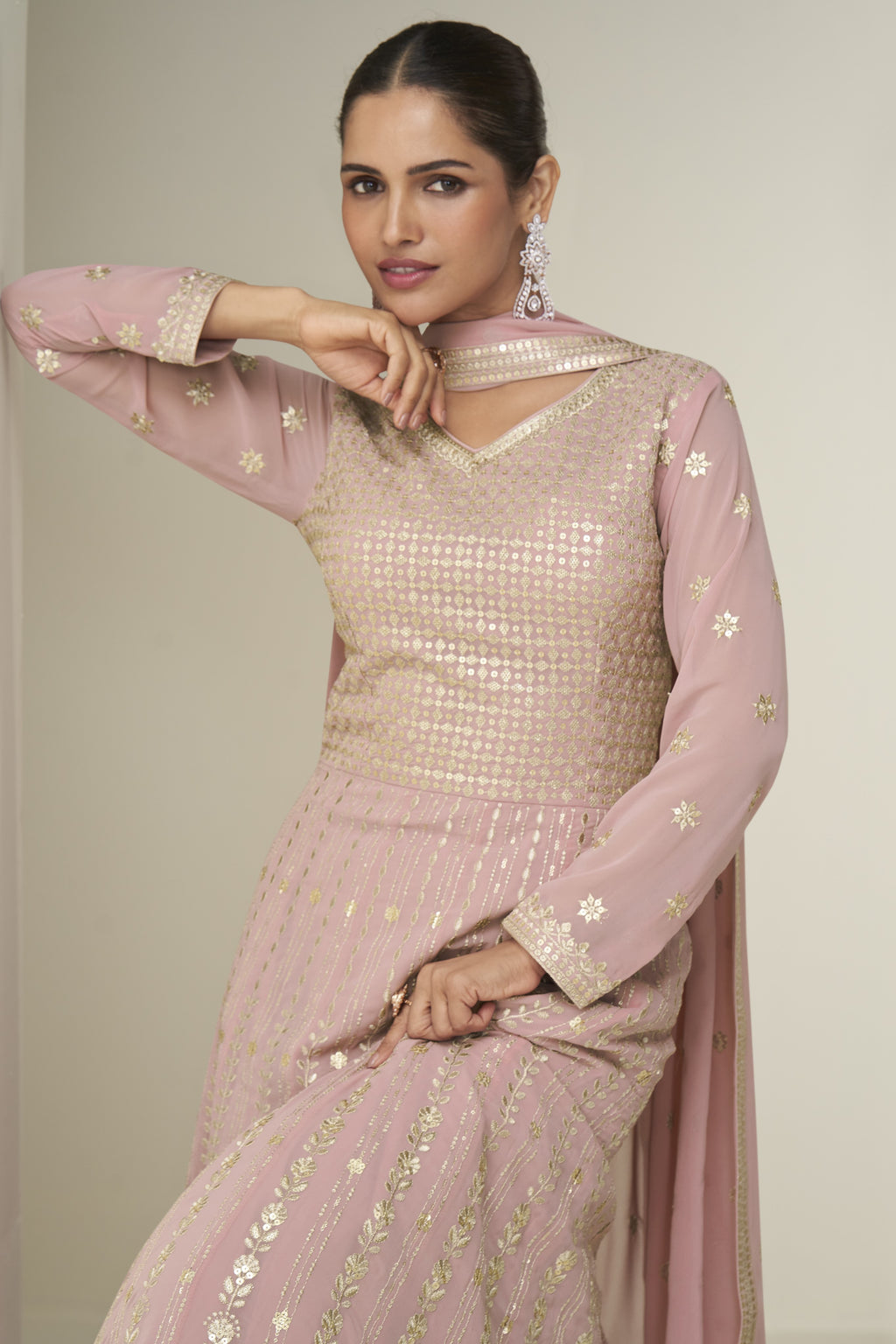 Pink Georgette Anarkali Suit For Indian & Pakistani Wedding Festival - Thread & Sequence Embroidery