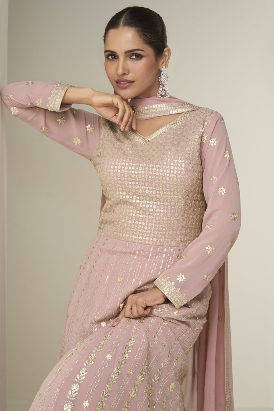 Pink Georgette Anarkali Suit For Indian & Pakistani Wedding Festival - Thread & Sequence Embroidery