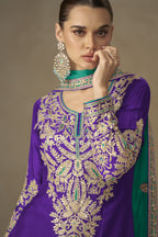 Purple Chinon Silk Kameez With Plazo Suit For Indian & Pakistani Wedding Festival - Thread & Sequence Embroidery