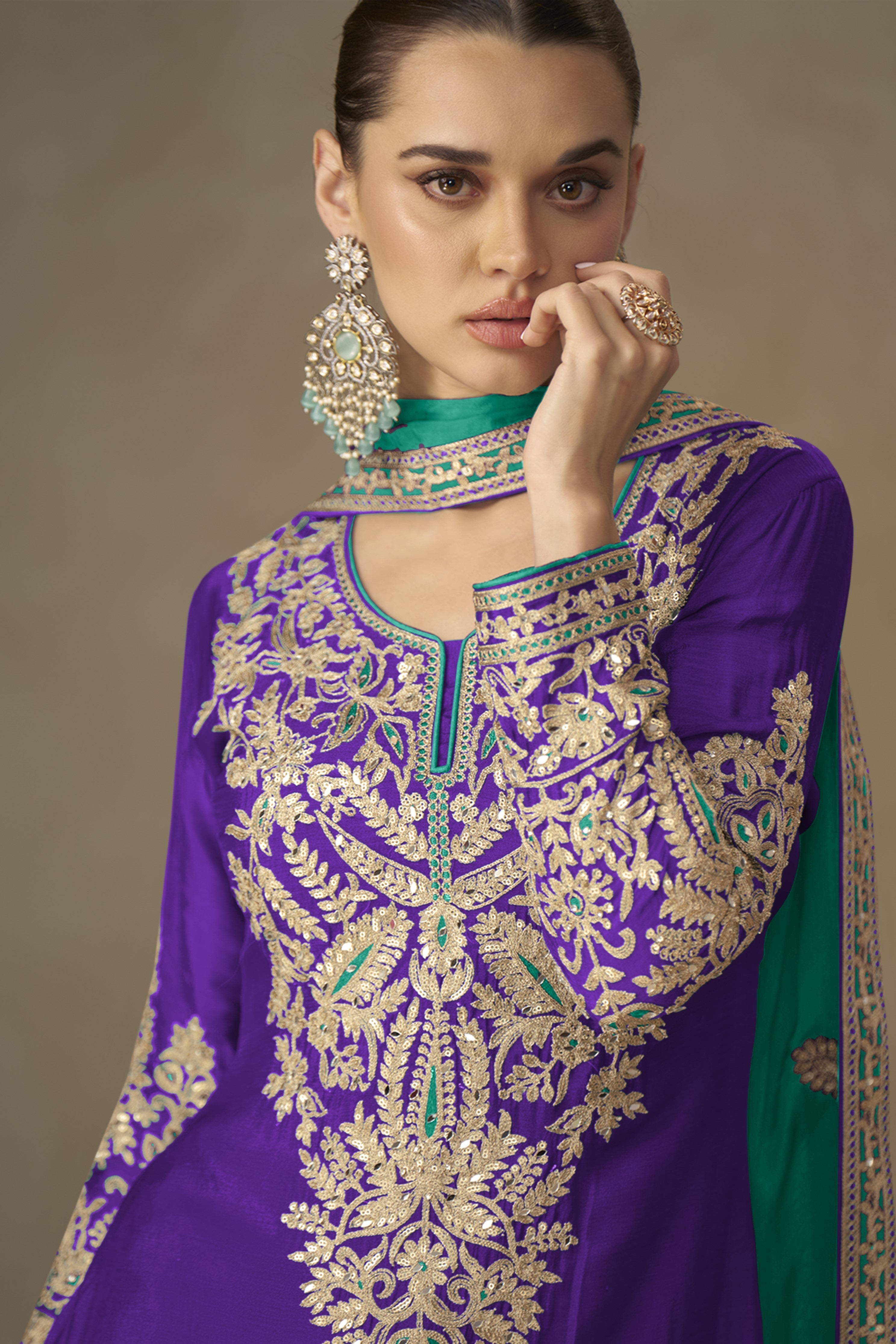 Purple Chinon Silk Kameez With Plazo Suit For Indian & Pakistani Wedding Festival - Thread & Sequence Embroidery