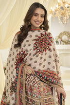 Camel Beige Pakistani Traditional Dress Plazo Suit - Aari, Gota Patti & Print Work