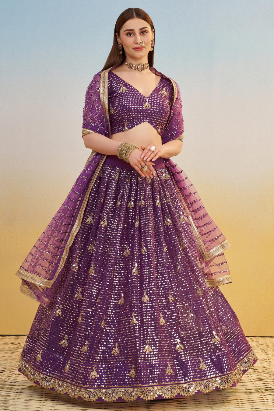 Purple Net Lehenga Choli For Indian & Pakistani Wedding Festival - Thread & Sequins Embroidery Work, Real Mirror Work