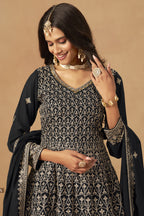 Black Georgette Plazo Suit For Indian & Pakistani Wedding Festival - Thread & Sequins Embroidery Work