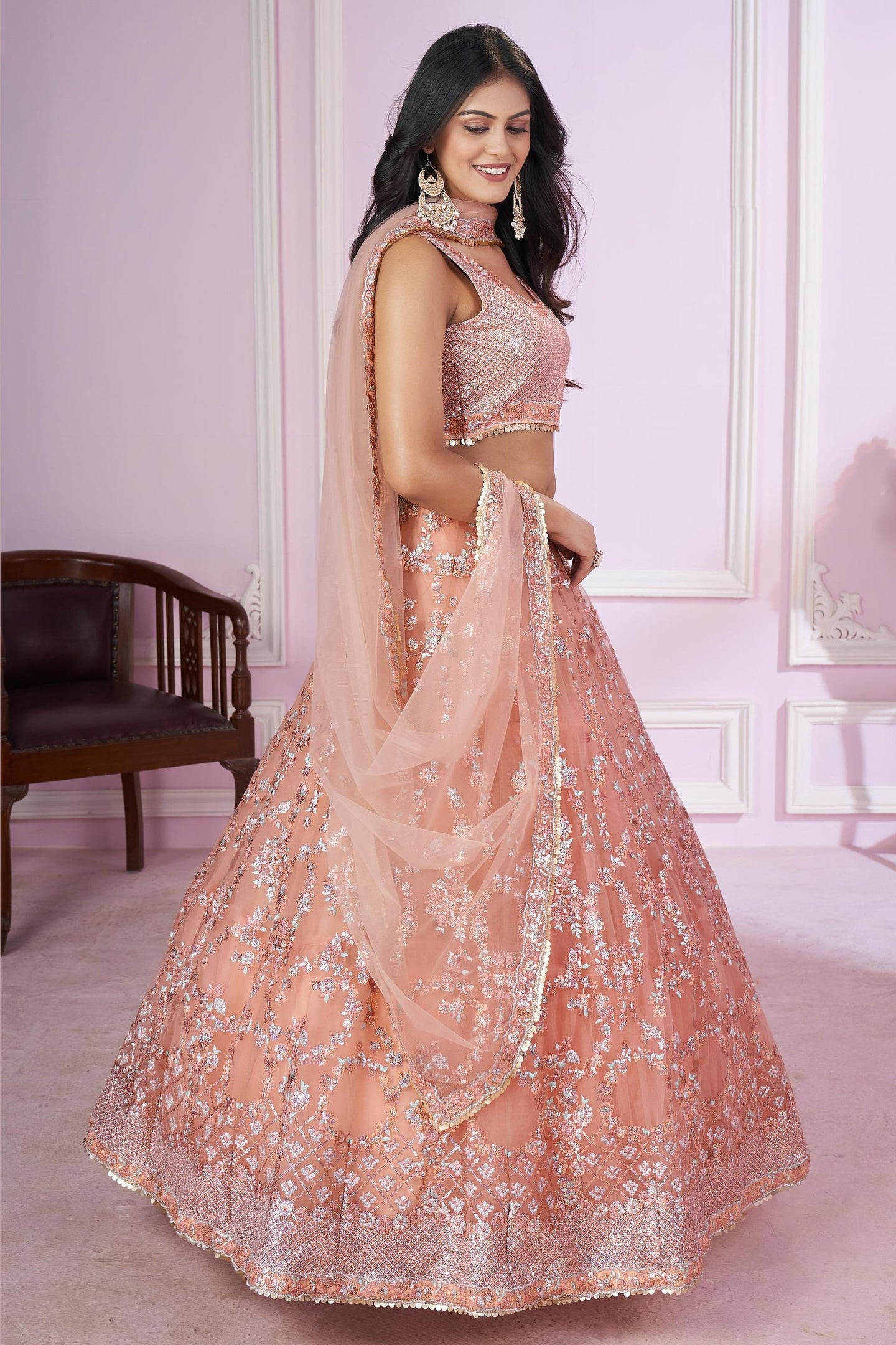 Peach Net Lehenga Choli For Indian & Pakistani Wedding Festival - Sequins & Thread Embroidery Work, Zari Work