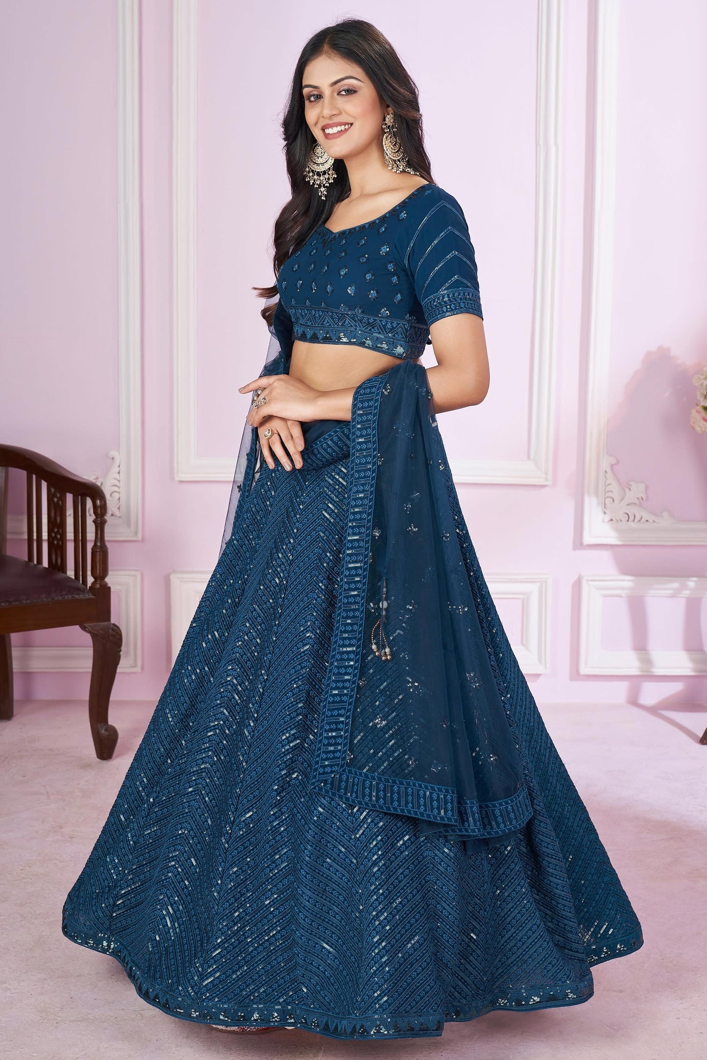 Teal Georgette Lehenga Choli For Indian & Pakistani Wedding Festival - Sequins & Thread Embroidery Work