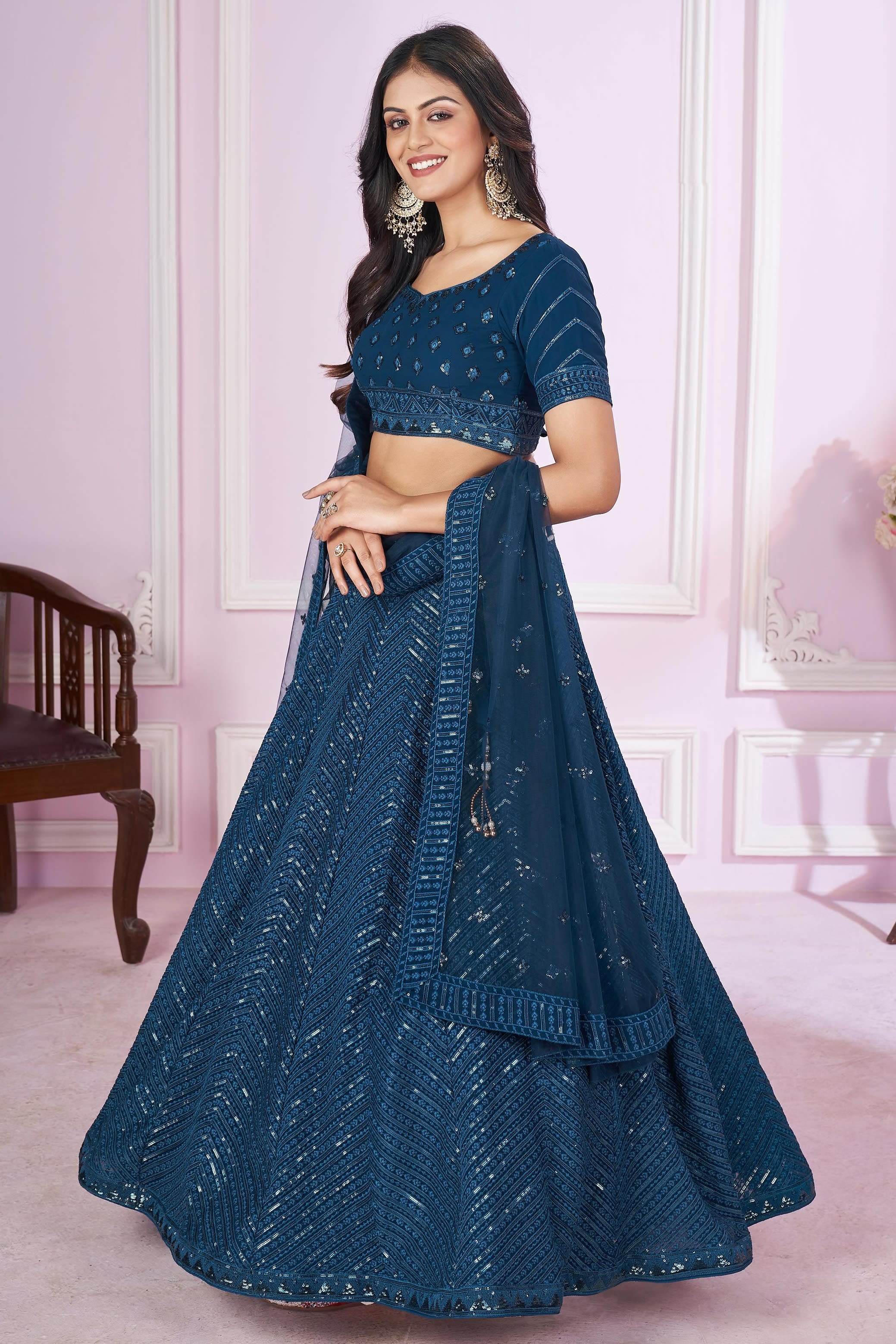 Teal Georgette Lehenga Choli For Indian & Pakistani Wedding Festival - Sequins & Thread Embroidery Work