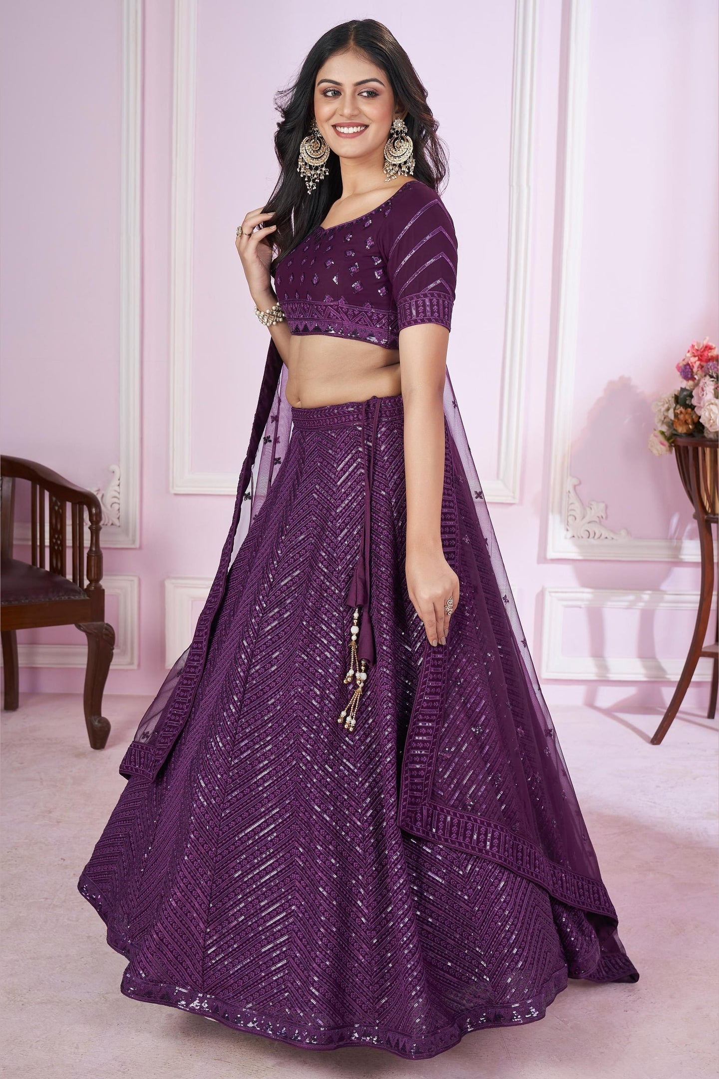 Purple Georgette Lehenga Choli For Indian & Pakistani Wedding Festival - Sequins & Thread Embroidery Work