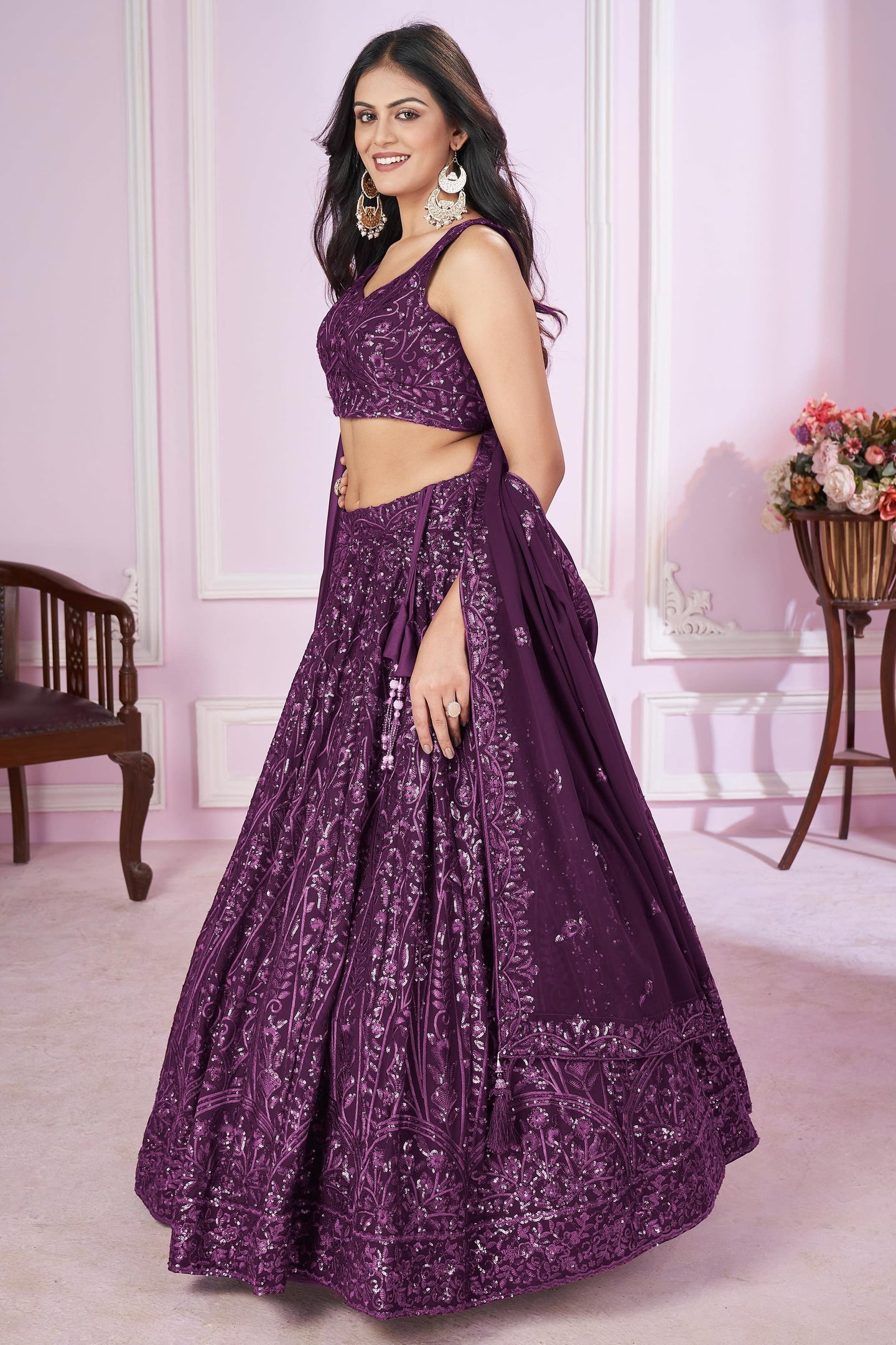 Purple Georgette Lehenga Choli For Indian & Pakistani Wedding Festival - Sequins & Thread Embroidery Work