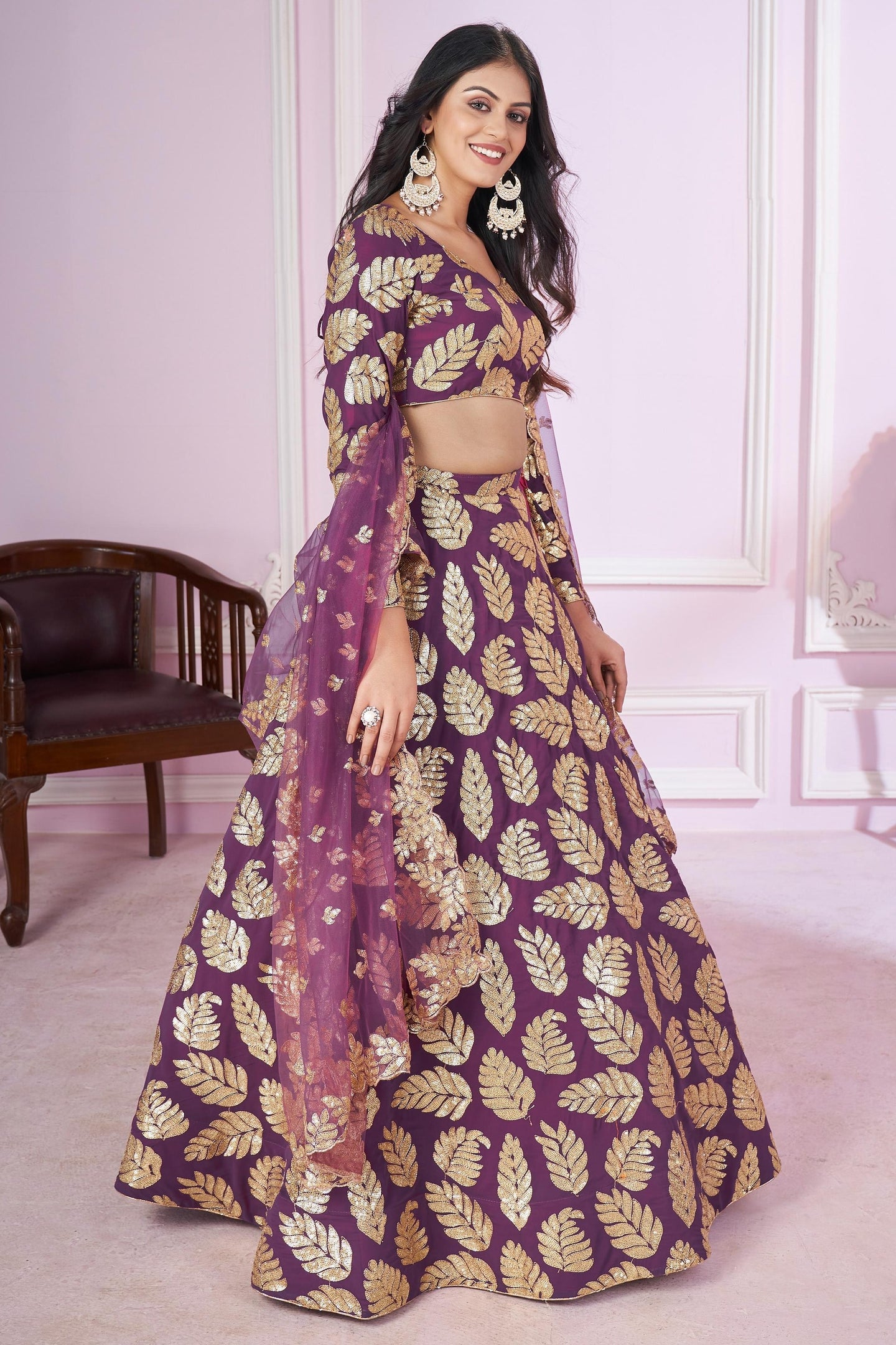 Purple Georgette Lehenga Choli For Indian & Pakistani Wedding Festival - Sequins & Thread Embroidery Work, Zari Work