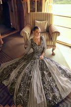 Grey Viscose Shimmer Jacquard Silk Partywear One Piece Gown For Indian & Pakistani Wedding Festival - Sequins & Thread Embroidery Work