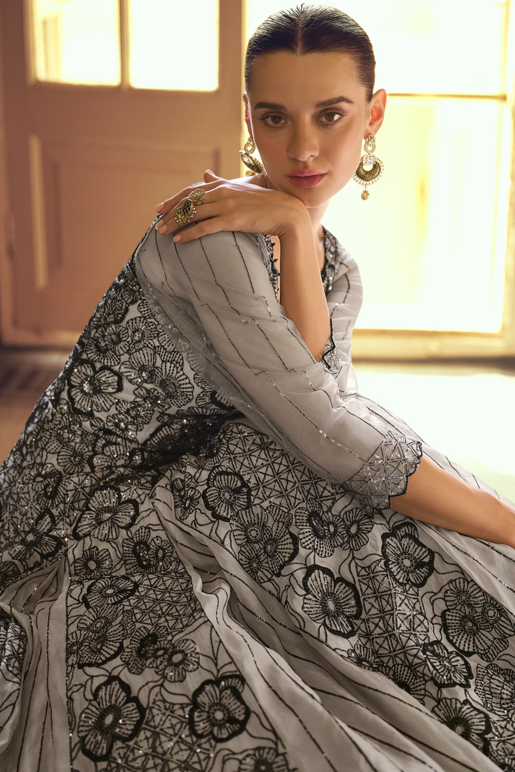 Grey Viscose Shimmer Jacquard Silk Partywear One Piece Gown For Indian & Pakistani Wedding Festival - Sequins & Thread Embroidery Work