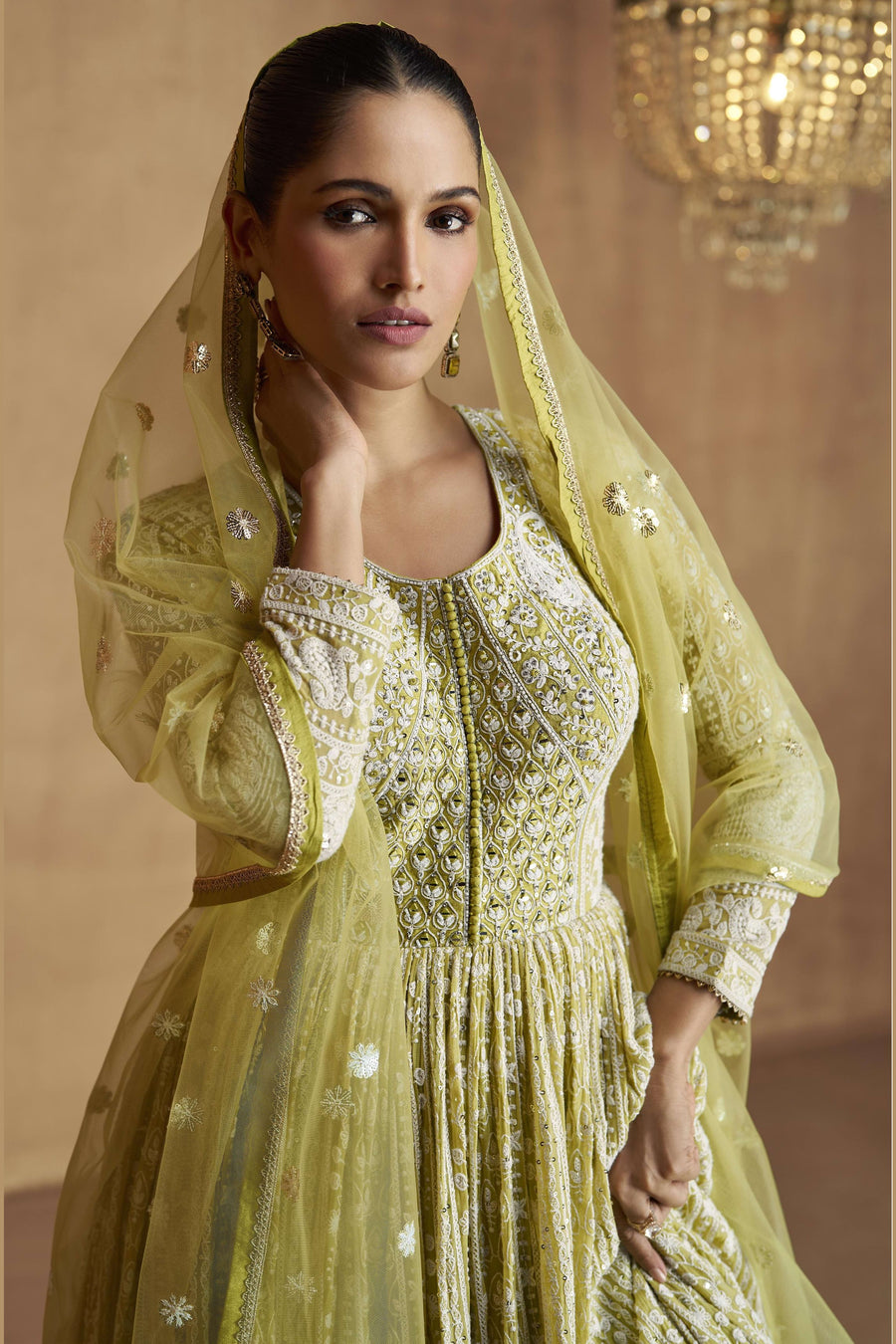 Yellow Green Georgette Anarkali Suit For Indian & Pakistani Wedding Festival - Sequins & Thread Embroidery Work, Real Mirror Work