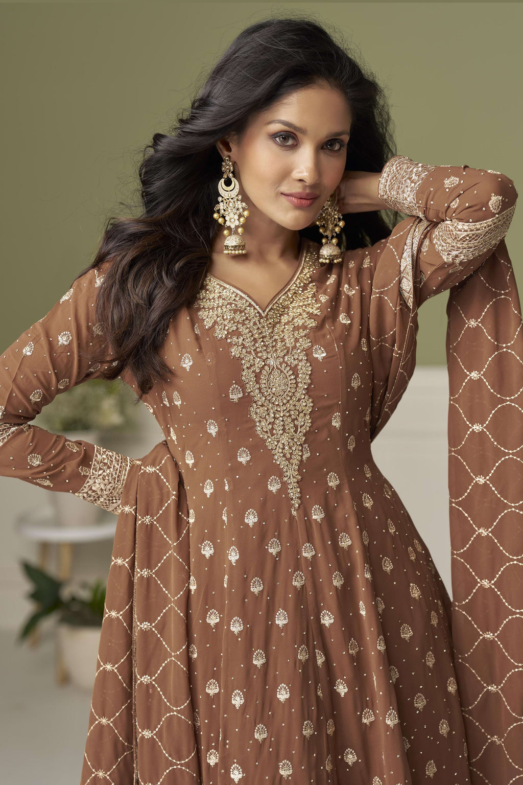 Brown Georgette Kameez With Palazzo For Indian & Pakistani Wedding Festival - Thread & Sequins Embroidery Work, Swarovski Work