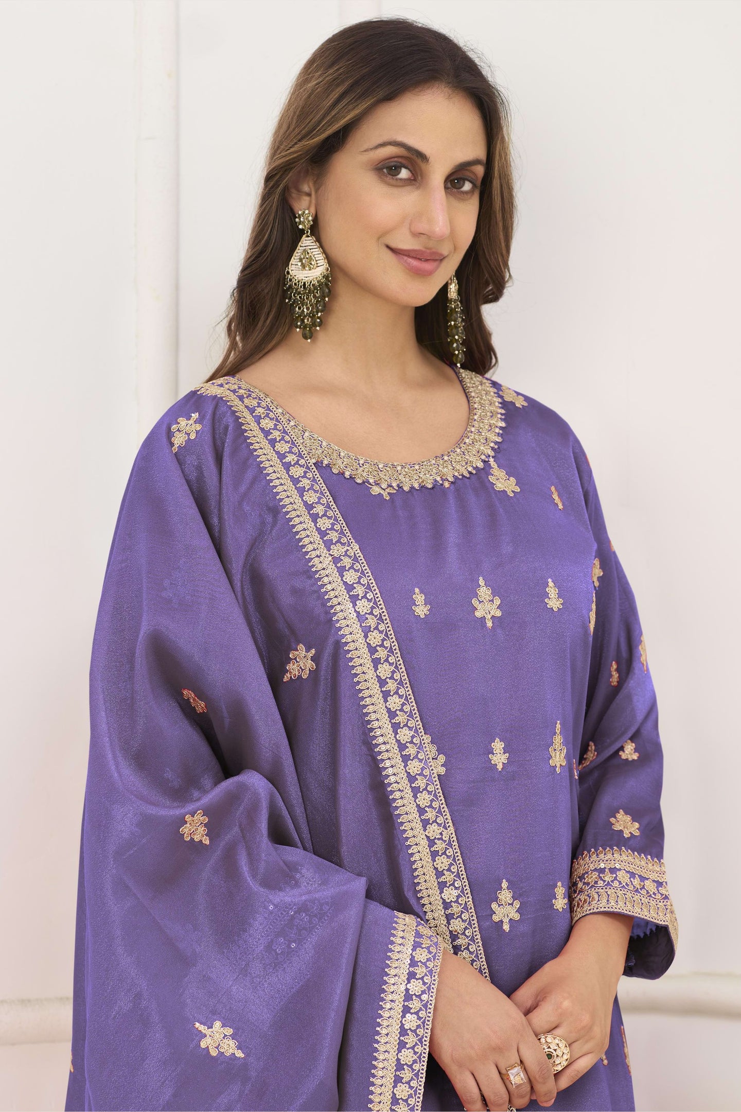 Purple Embroidered Indian Suit in Simmer Silk Palazzo