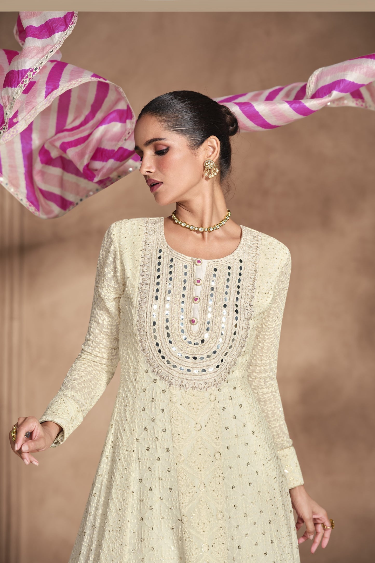 Cream Georgette Floor Full Length Anarkali Suit For Pakistani Festivals & Weddings - Chikankari Embroidery Work