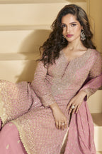Pink Georgette Palazo Suit For Indian & Pakistani Wedding Festival - Sequence & Thread Embroidery Work