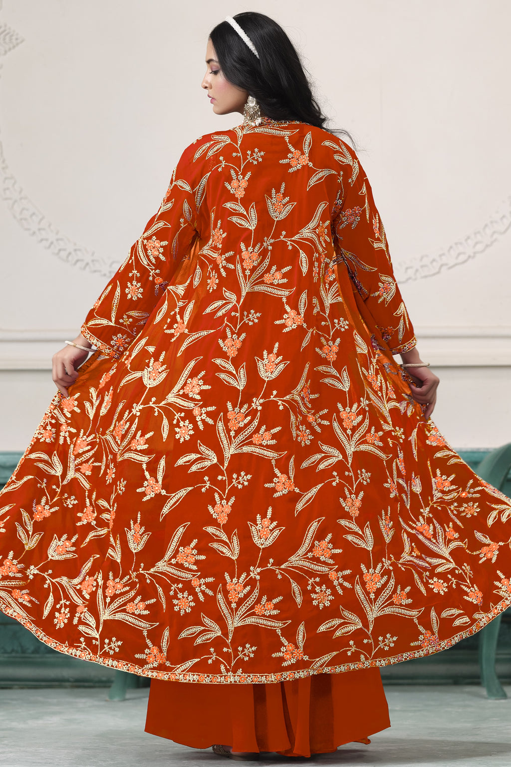 Orange Georgette Palazzo with Choli & Jacket For Wedding & Indian Festival - Embroidery Work