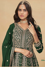 Green Georgette Anarkali Suit For Indian & Pakistani Wedding Festival - Thread & Sequins Embroidery Work
