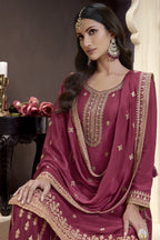 Dark Pink Chinon Silk Palazzo Suit For Indian Wedding & Pakistani Festival - Embroidery Work