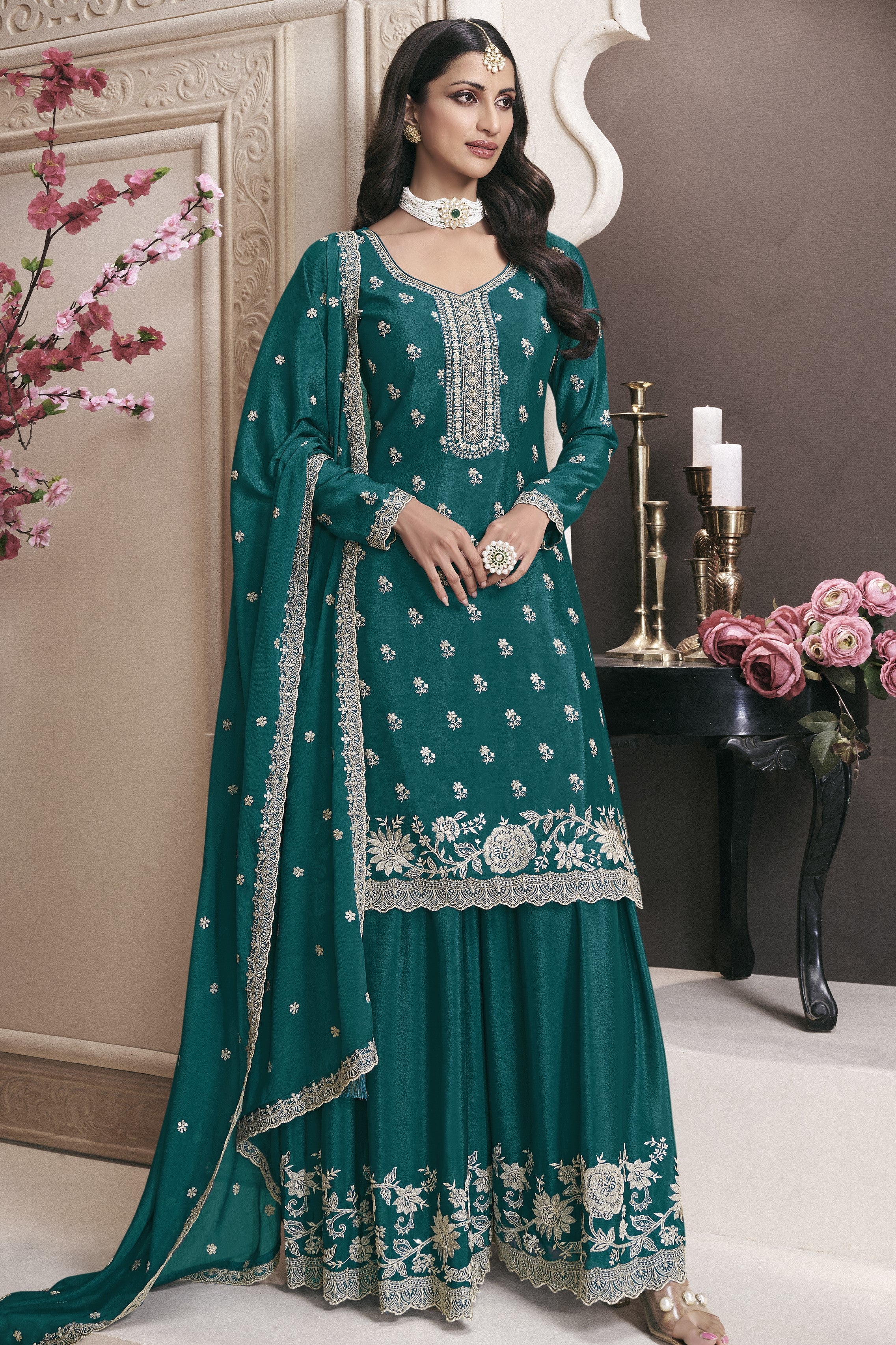 Teal Chinon Silk Sharara Kameez Suit for Pakistani & Indian Festival - Embroidery Work