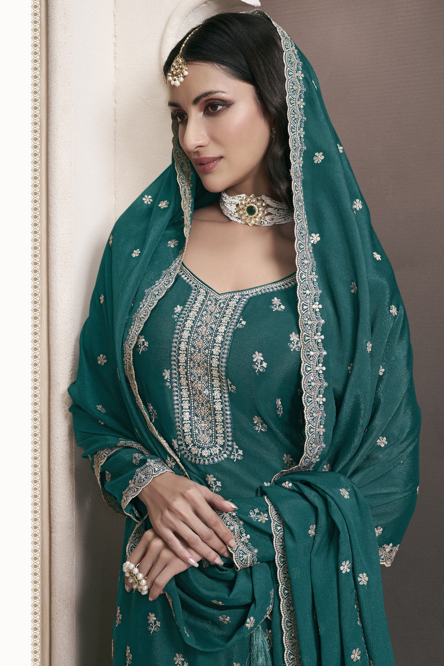 Teal Chinon Silk Sharara Kameez Suit for Pakistani & Indian Festival - Embroidery Work