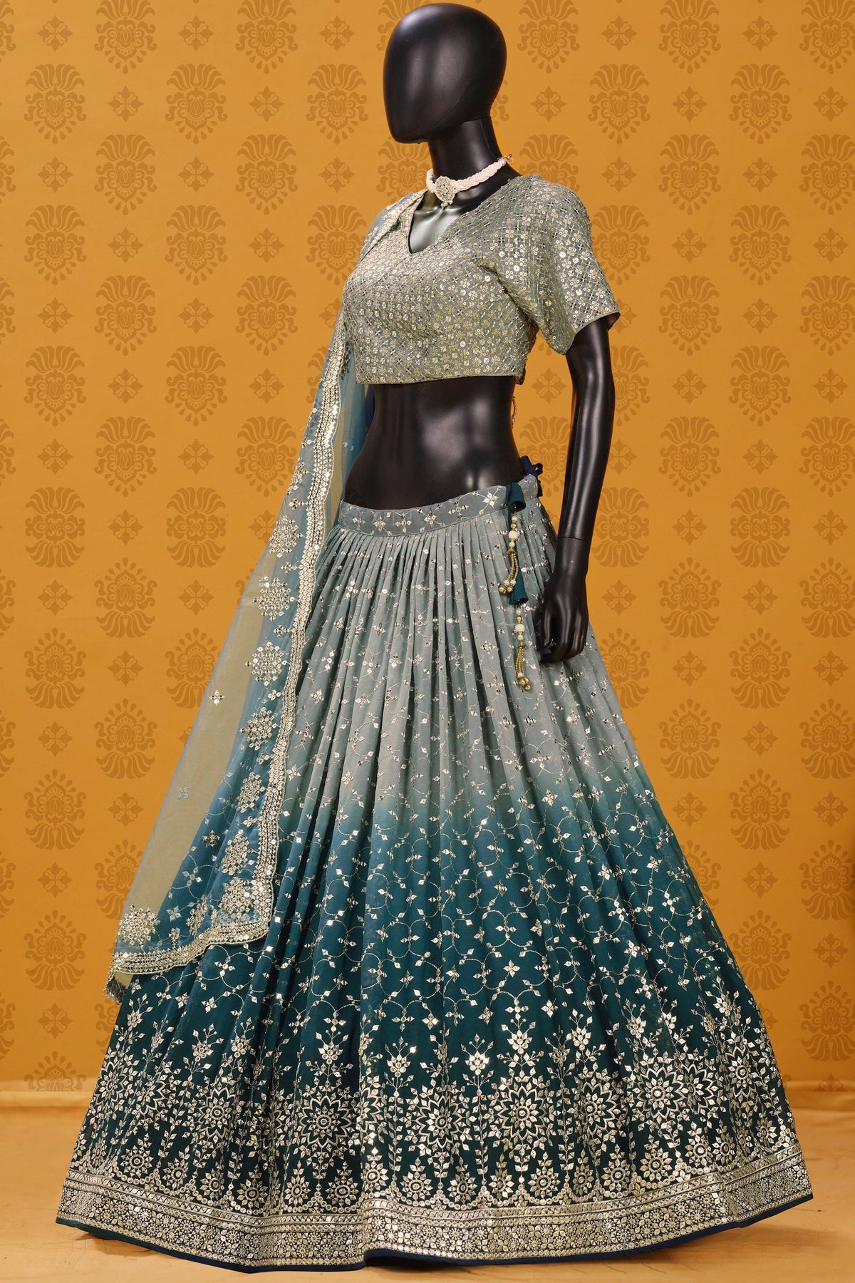 Dove Blue Georgette Dual Tone Lehenga Choli For Indian & Pakistani Wedding Festival - Sequins Embroidery Work, Zari Work