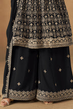 Black Georgette Plazo Suit For Indian & Pakistani Wedding Festival - Thread & Sequins Embroidery Work