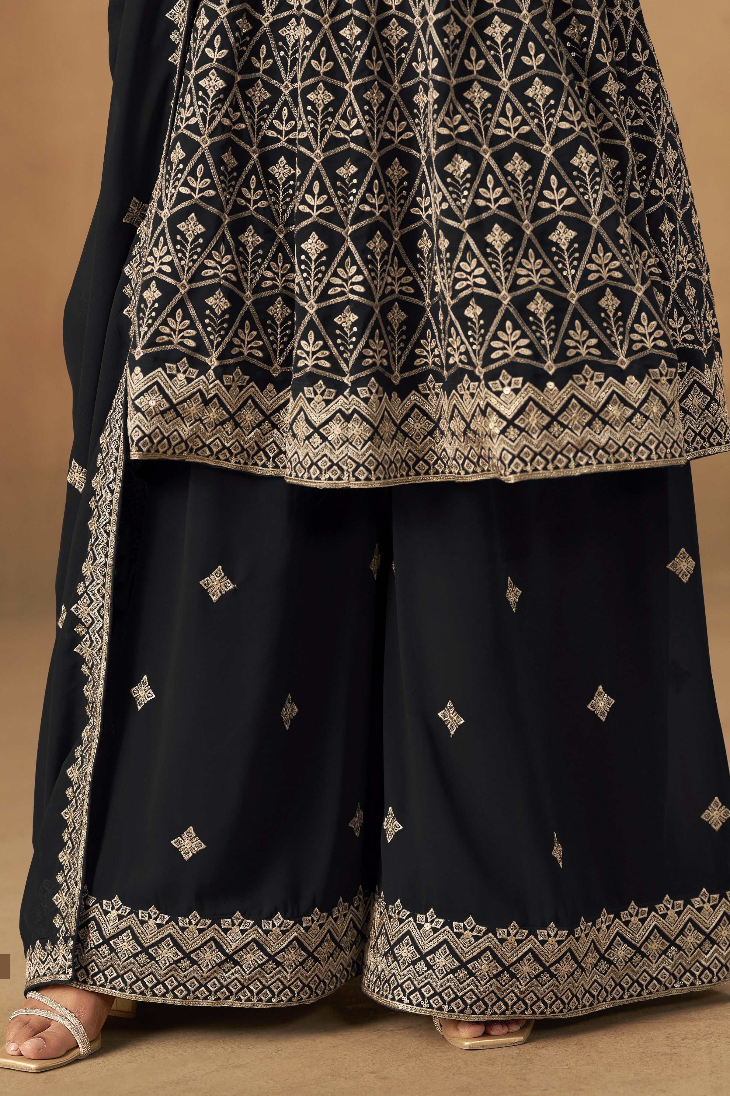 Black Georgette Plazo Suit For Indian & Pakistani Wedding Festival - Thread & Sequins Embroidery Work
